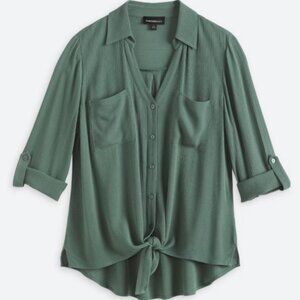 FORTUNE + IVY Green Blake Tie Front Blouse, Size Large
